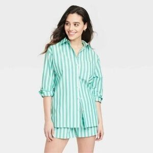 A New Day Green and White Striped Shirt and Shorts Set